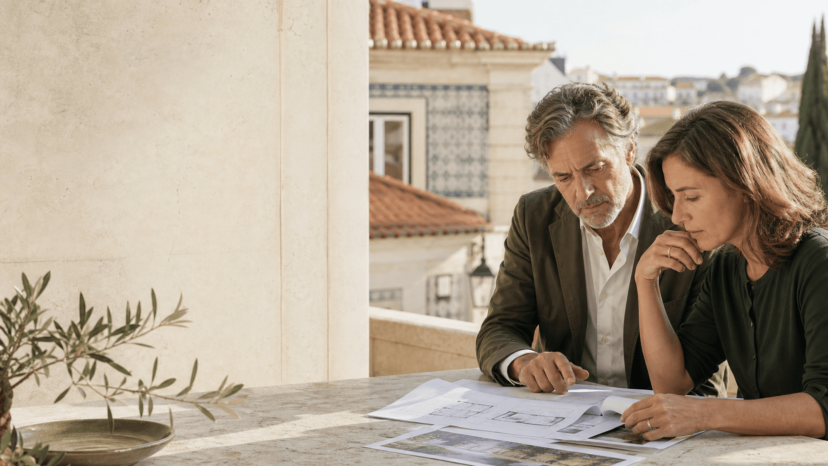 Two advisors reviewing architectural plans on a terrace in Lisbon